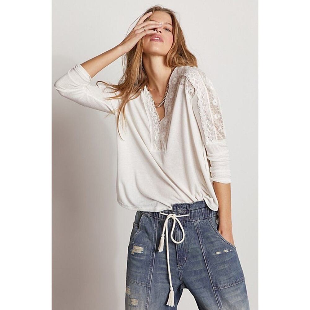 Free People Cream Lace-Trim Long Sleeve Tee - Picture 1 of 14